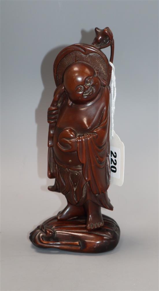 A Chinese boxwood figure of Budai standing on a sack, 19th century 22cm